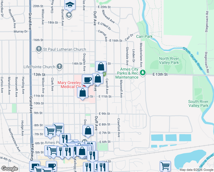 map of restaurants, bars, coffee shops, grocery stores, and more near Carroll Avenue in Ames
