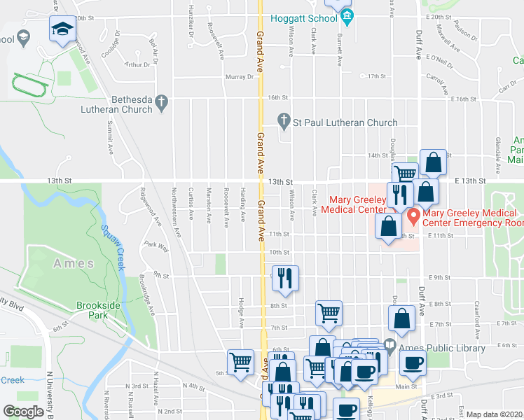 map of restaurants, bars, coffee shops, grocery stores, and more near 1186 Grand Avenue in Ames