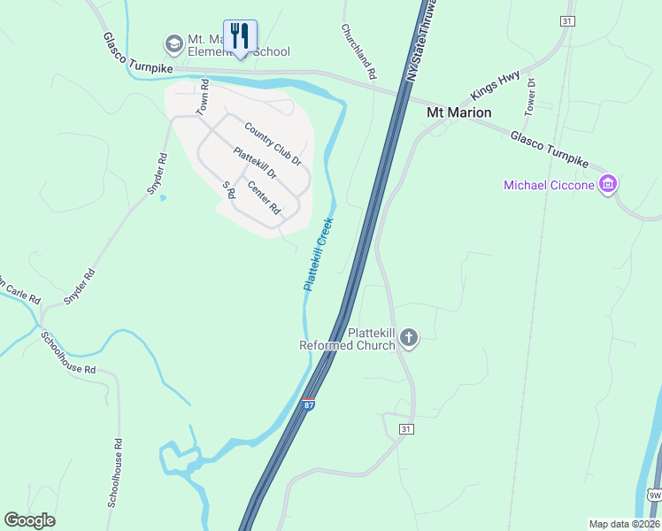 map of restaurants, bars, coffee shops, grocery stores, and more near 196 Dussol Road in Saugerties