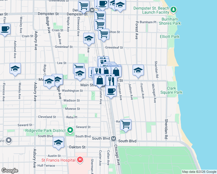 map of restaurants, bars, coffee shops, grocery stores, and more near in Evanston