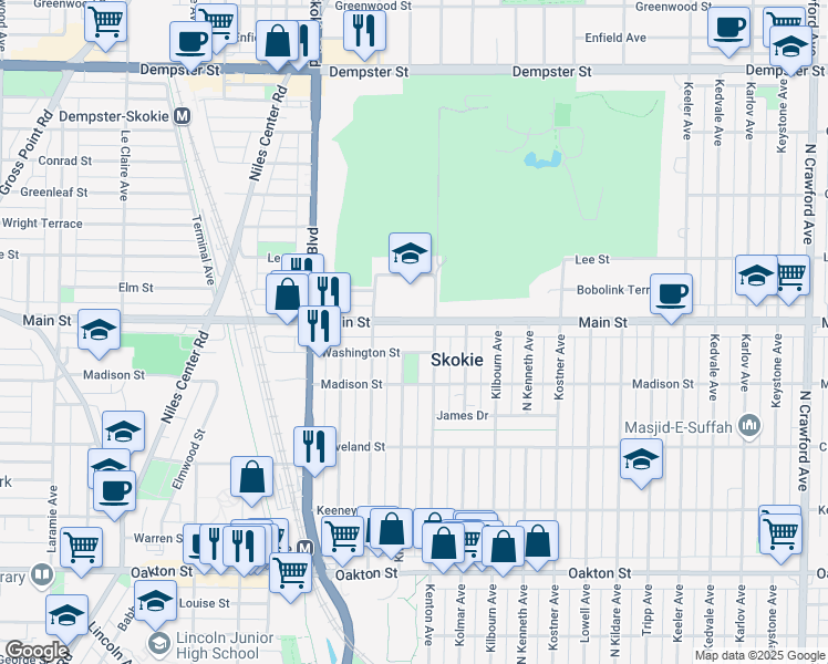 map of restaurants, bars, coffee shops, grocery stores, and more near 4636 Washington Street in Skokie