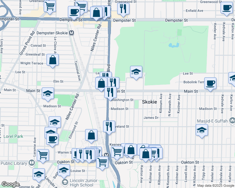 map of restaurants, bars, coffee shops, grocery stores, and more near 4716D Washington Street in Skokie