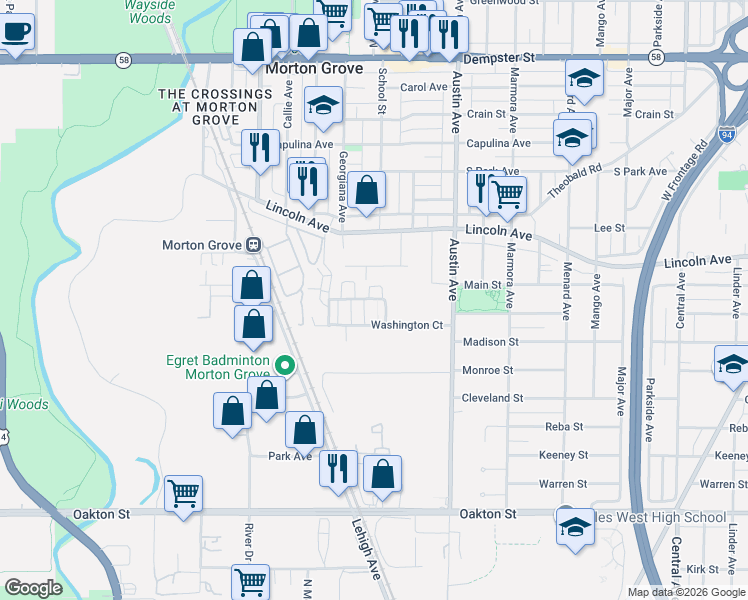 map of restaurants, bars, coffee shops, grocery stores, and more near 6115 Mayfair Avenue in Morton Grove