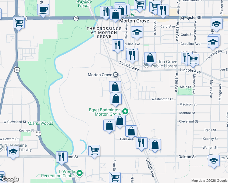 map of restaurants, bars, coffee shops, grocery stores, and more near 8350 Lehigh Avenue in Morton Grove