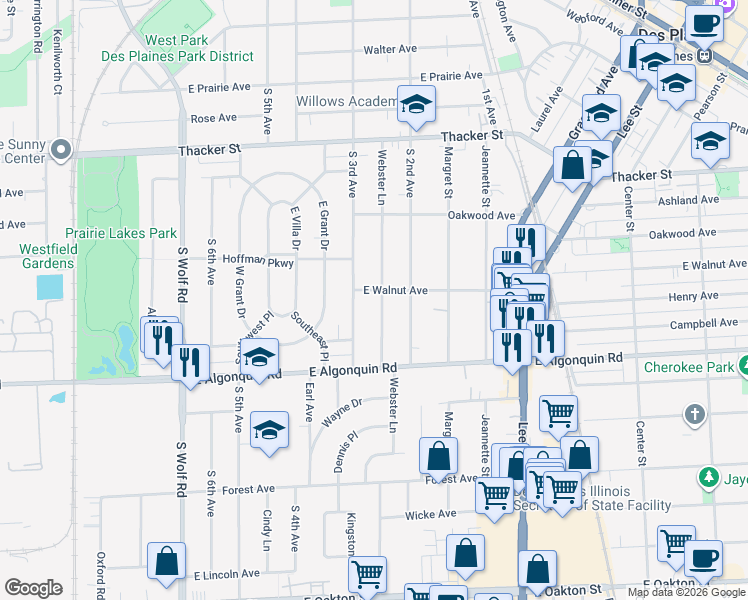 map of restaurants, bars, coffee shops, grocery stores, and more near 1093 South 3rd Avenue in Des Plaines