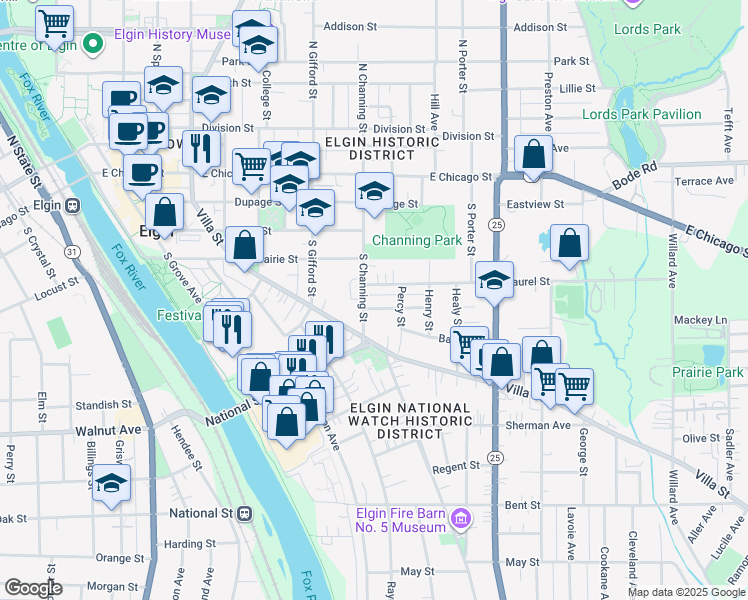 map of restaurants, bars, coffee shops, grocery stores, and more near 450 Stella Street in Elgin
