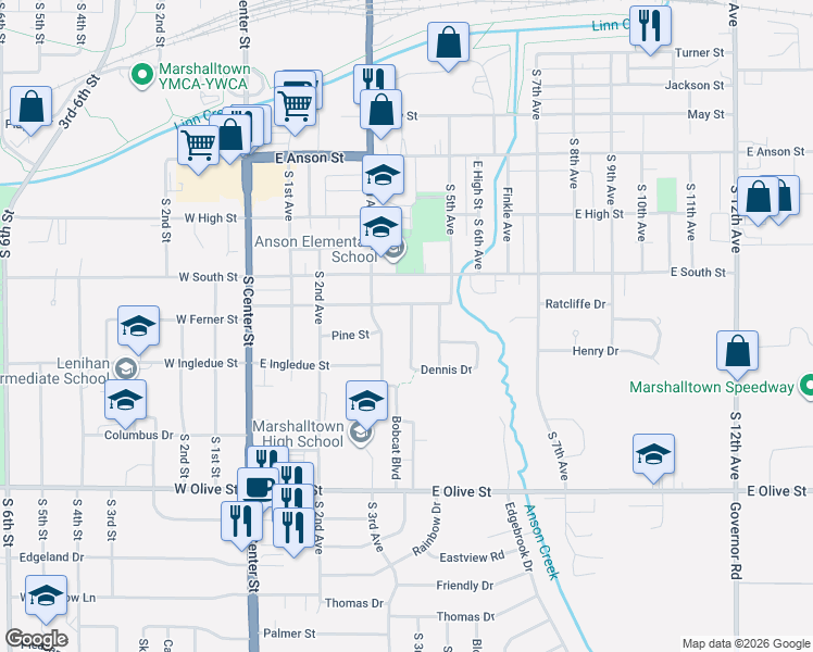 map of restaurants, bars, coffee shops, grocery stores, and more near 1300-1406 South 3rd Avenue in Marshalltown