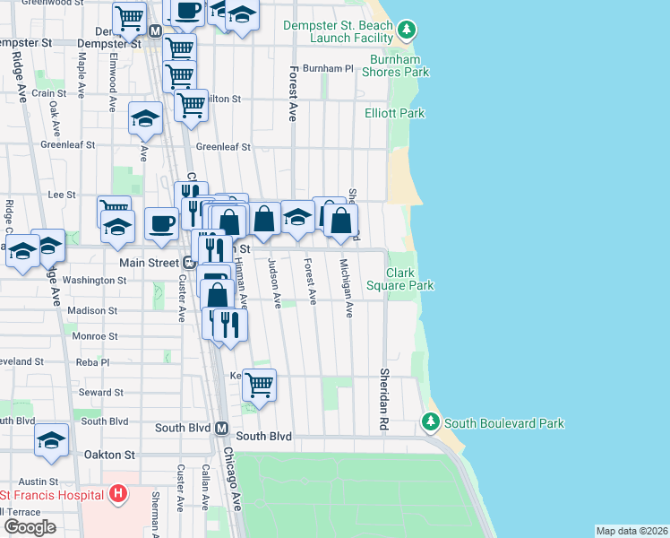map of restaurants, bars, coffee shops, grocery stores, and more near 821 Forest Avenue in Evanston