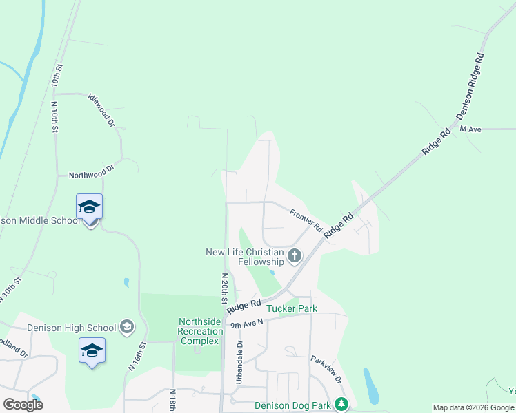 map of restaurants, bars, coffee shops, grocery stores, and more near 1129 Settlers Lane in Denison