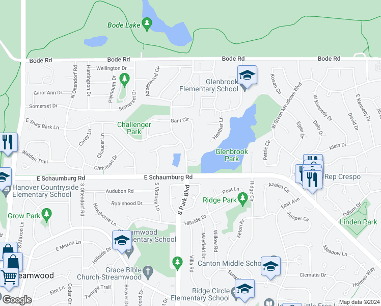 map of restaurants, bars, coffee shops, grocery stores, and more near 130 Gant Circle in Streamwood