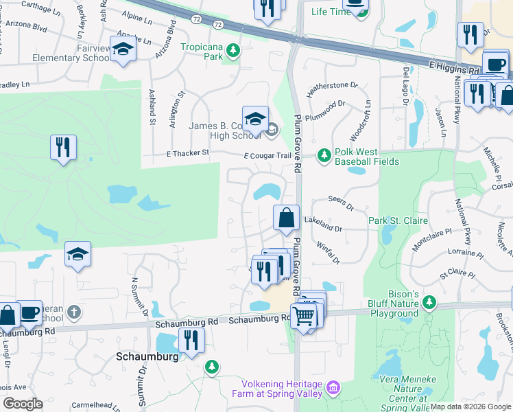 map of restaurants, bars, coffee shops, grocery stores, and more near 236 North Waterford Drive in Schaumburg