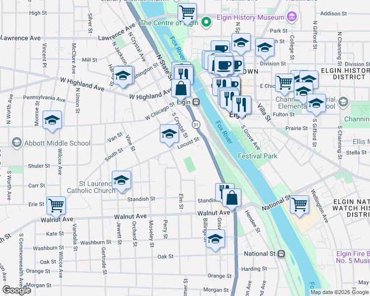 map of restaurants, bars, coffee shops, grocery stores, and more near 311 Locust Street in Elgin