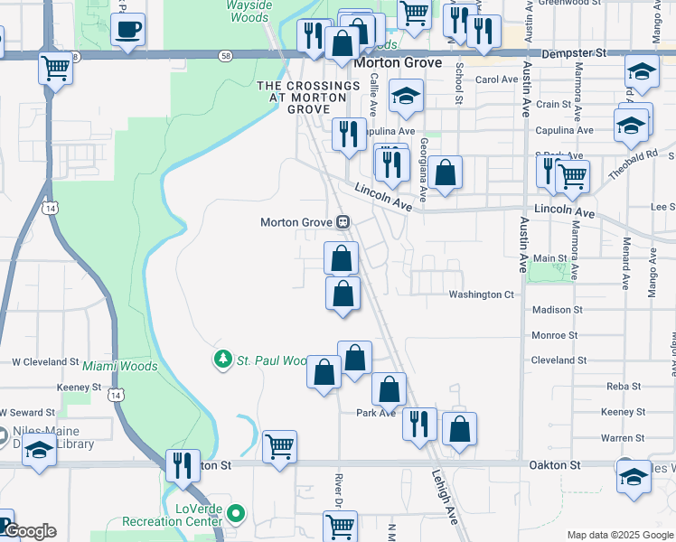 map of restaurants, bars, coffee shops, grocery stores, and more near 8350 Lehigh Avenue in Morton Grove
