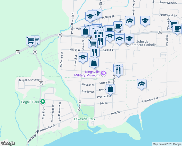 map of restaurants, bars, coffee shops, grocery stores, and more near 19 Elm Street in Kingsville