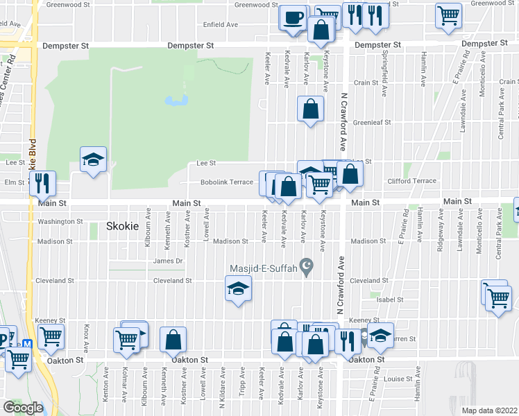 map of restaurants, bars, coffee shops, grocery stores, and more near 8343 Tripp Avenue in Skokie