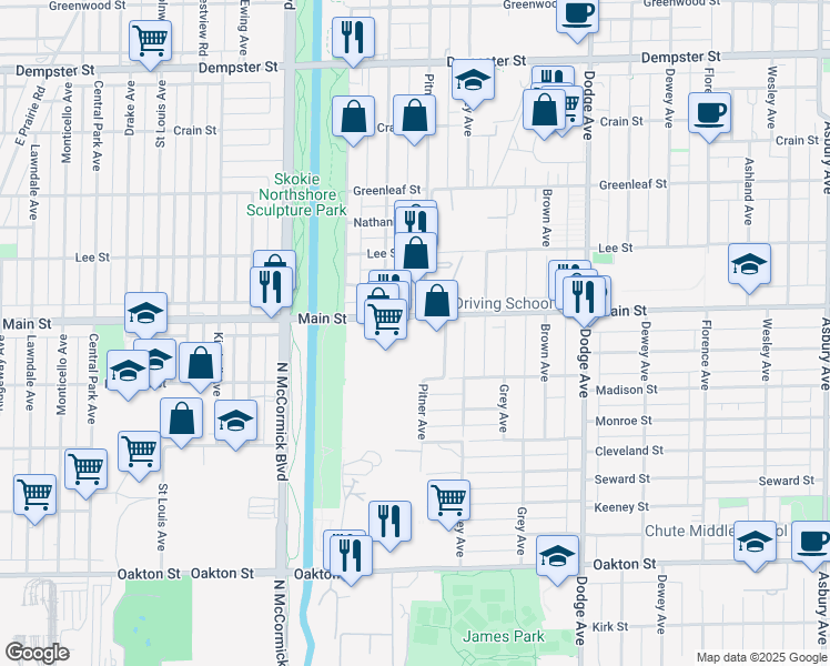 map of restaurants, bars, coffee shops, grocery stores, and more near 2360 Main Street in Evanston