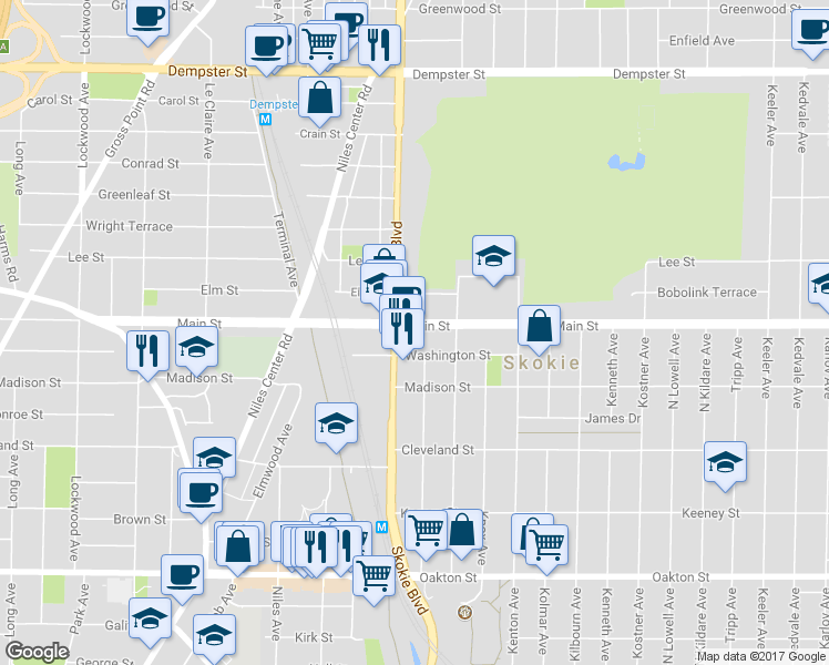 map of restaurants, bars, coffee shops, grocery stores, and more near 4741 Main Street in Skokie