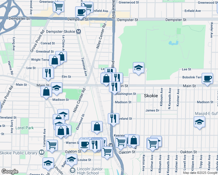 map of restaurants, bars, coffee shops, grocery stores, and more near 4820 Washington Street in Skokie