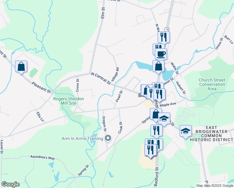 map of restaurants, bars, coffee shops, grocery stores, and more near 32 Pearl Street in East Bridgewater