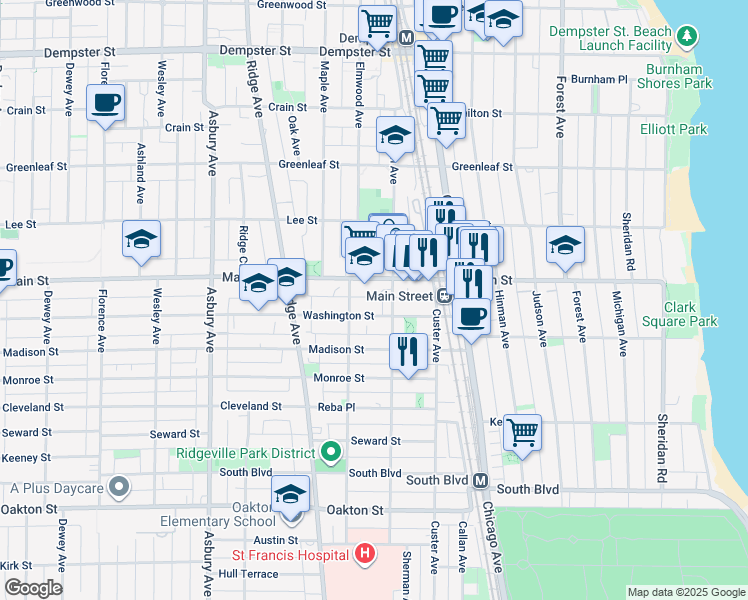 map of restaurants, bars, coffee shops, grocery stores, and more near 822 Sherman Avenue in Evanston