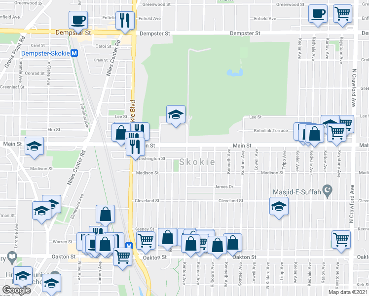 map of restaurants, bars, coffee shops, grocery stores, and more near 8338 Kenton Avenue in Skokie