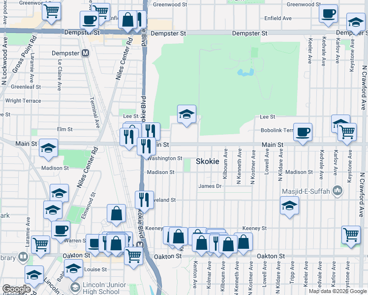 map of restaurants, bars, coffee shops, grocery stores, and more near 4636 Washington Street in Skokie