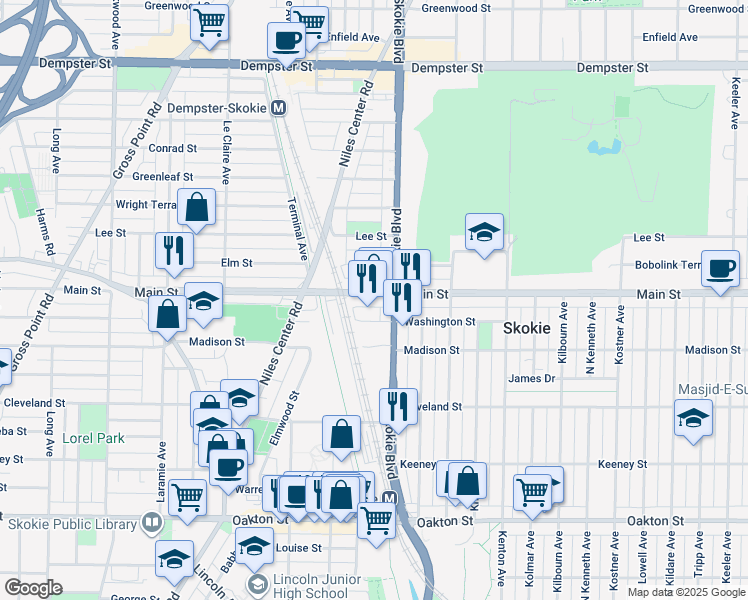 map of restaurants, bars, coffee shops, grocery stores, and more near 4820 Washington Street in Skokie
