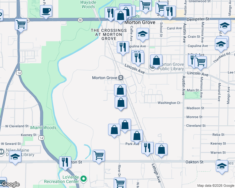 map of restaurants, bars, coffee shops, grocery stores, and more near 8350 Lehigh Avenue in Morton Grove