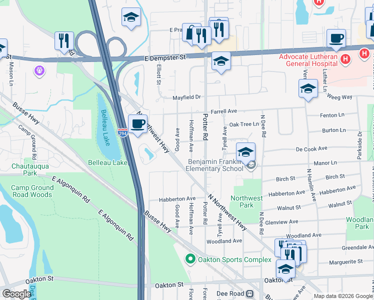 map of restaurants, bars, coffee shops, grocery stores, and more near 1423 Hoffman Avenue in Park Ridge
