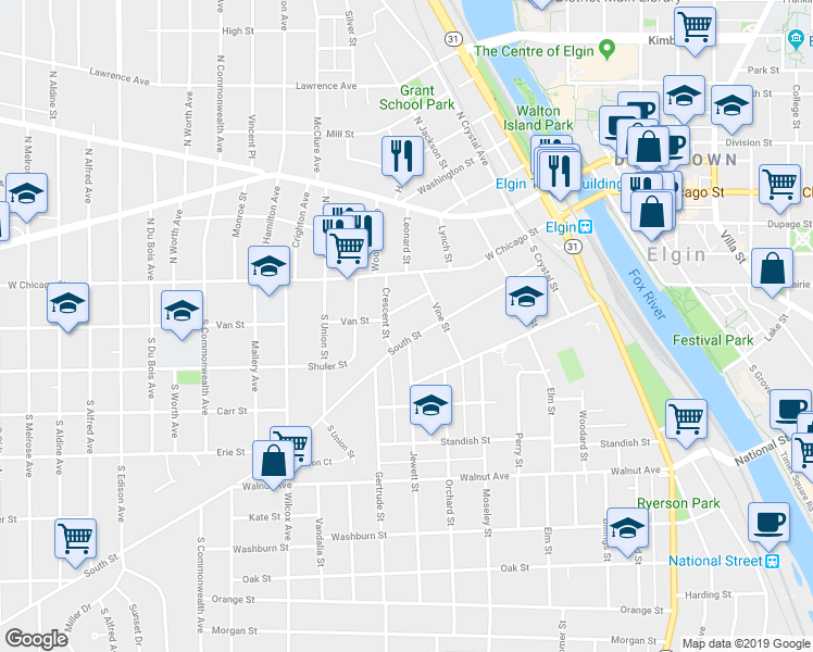 map of restaurants, bars, coffee shops, grocery stores, and more near 532 South Street in Elgin