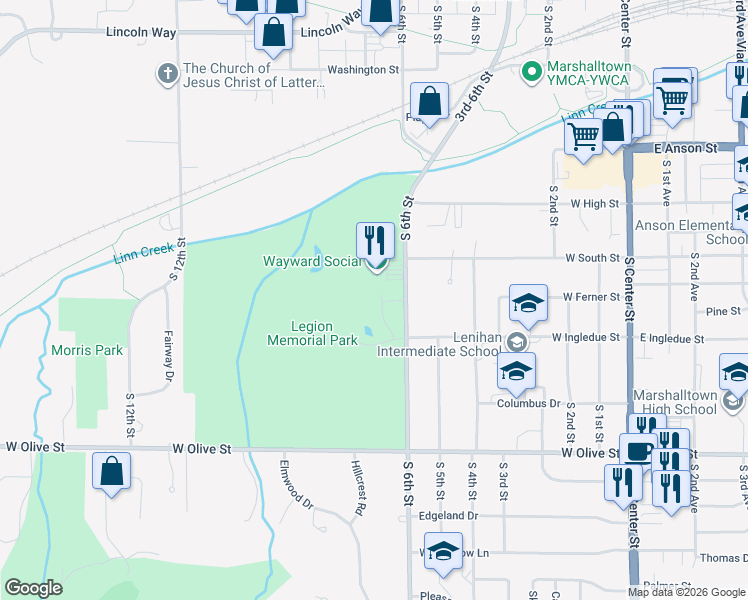 map of restaurants, bars, coffee shops, grocery stores, and more near 1203 South 6th Street in Marshalltown