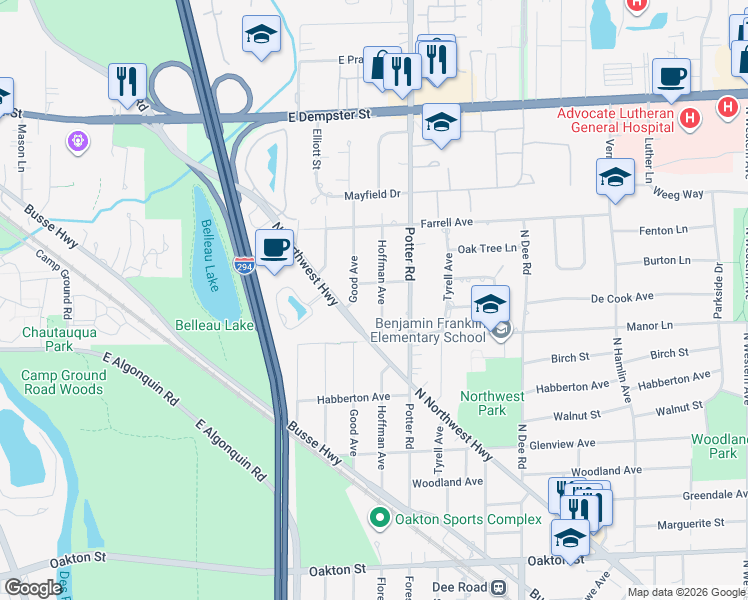 map of restaurants, bars, coffee shops, grocery stores, and more near 1423 Hoffman Avenue in Park Ridge