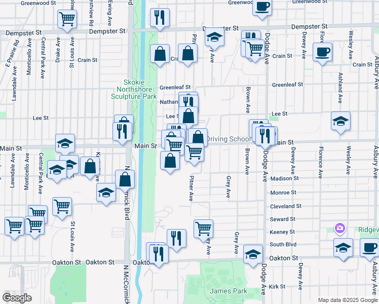 map of restaurants, bars, coffee shops, grocery stores, and more near 2360 Main St in Evanston