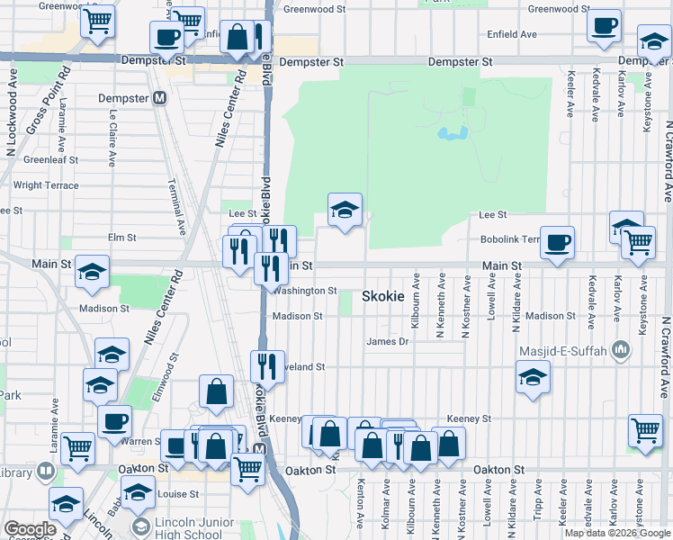 map of restaurants, bars, coffee shops, grocery stores, and more near 4629 Main Street in Skokie