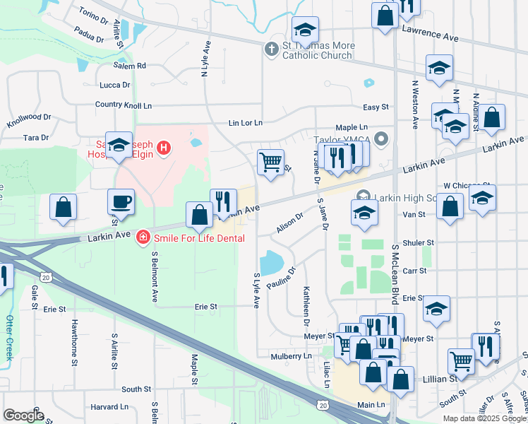 map of restaurants, bars, coffee shops, grocery stores, and more near 1695 Larkin Avenue in Elgin