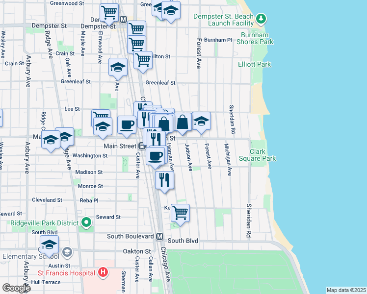 map of restaurants, bars, coffee shops, grocery stores, and more near 834 Judson Avenue in Evanston
