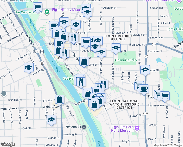 map of restaurants, bars, coffee shops, grocery stores, and more near 218 Villa Street in Elgin