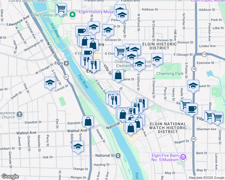 map of restaurants, bars, coffee shops, grocery stores, and more near 154 Dawson Drive in Elgin