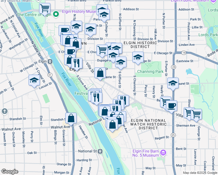 map of restaurants, bars, coffee shops, grocery stores, and more near 218 Villa Street in Elgin