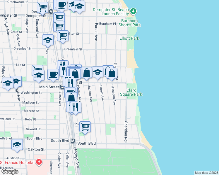 map of restaurants, bars, coffee shops, grocery stores, and more near 821 Forest Avenue in Evanston