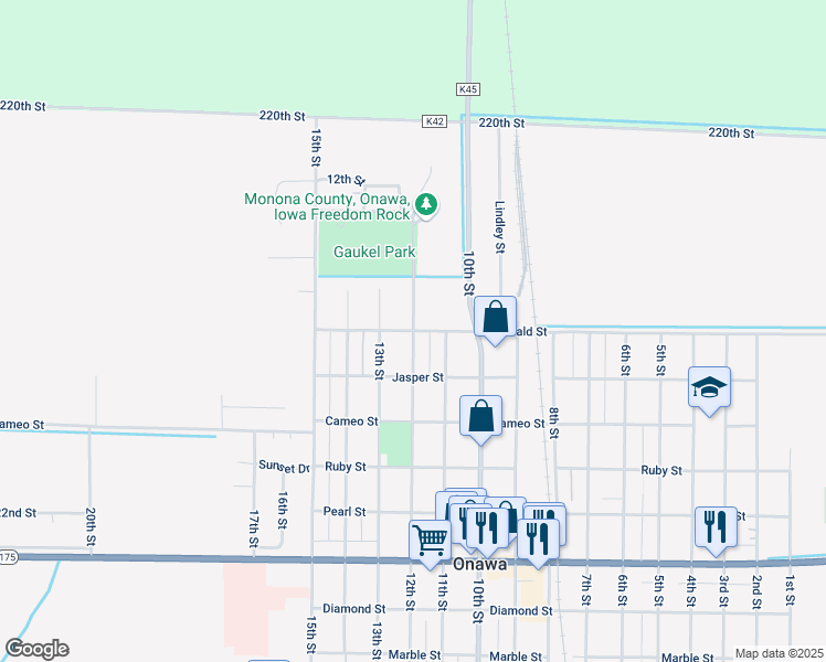map of restaurants, bars, coffee shops, grocery stores, and more near 1201 Emerald Street in Onawa