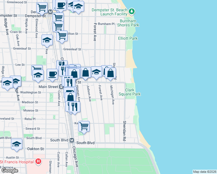 map of restaurants, bars, coffee shops, grocery stores, and more near 821 Forest Avenue in Evanston