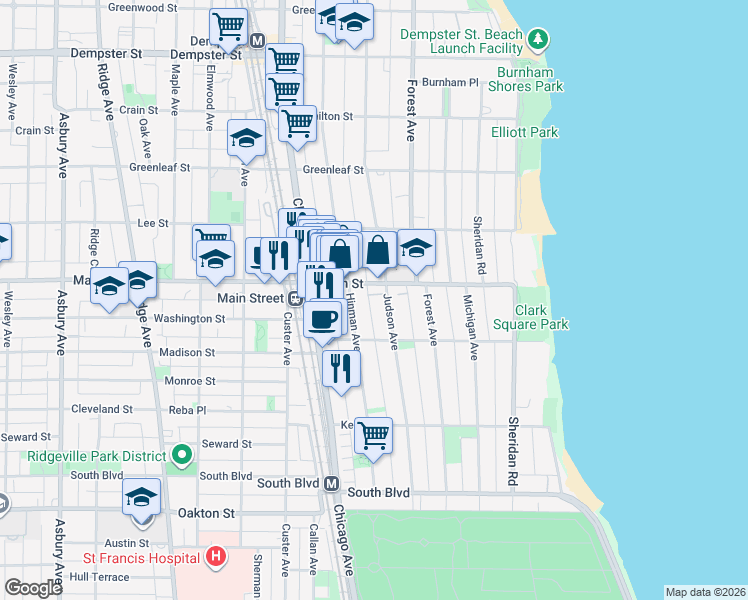 map of restaurants, bars, coffee shops, grocery stores, and more near 826 Judson Avenue in Evanston