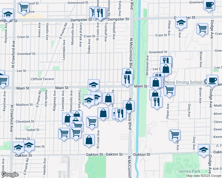 map of restaurants, bars, coffee shops, grocery stores, and more near 8344 Kimball Avenue in Skokie