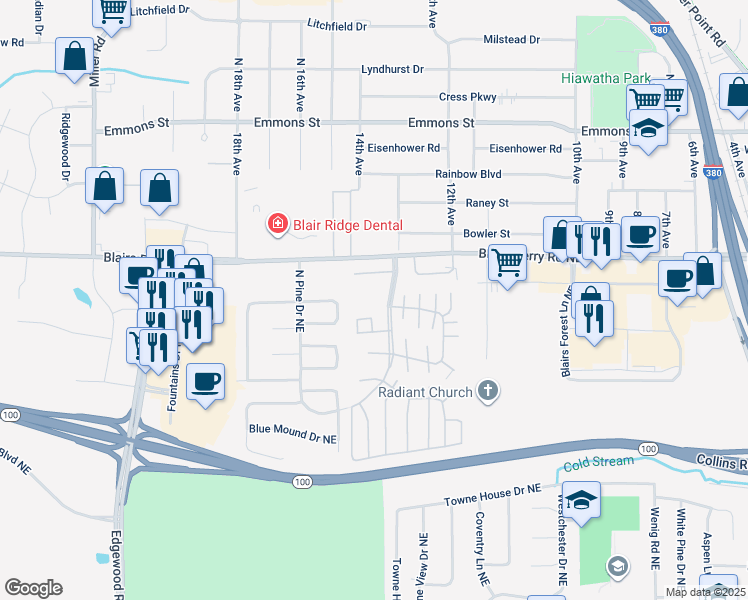 map of restaurants, bars, coffee shops, grocery stores, and more near 3601 Yellow Pine Drive Northeast in Cedar Rapids