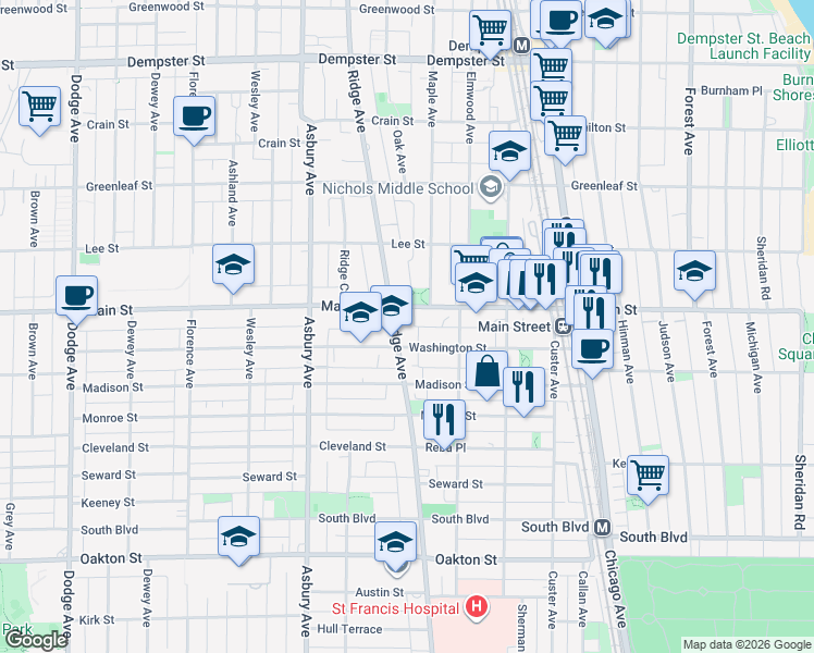 map of restaurants, bars, coffee shops, grocery stores, and more near 929 Washington Street in Evanston
