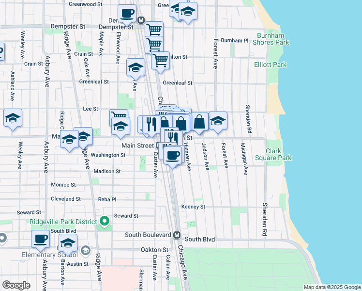 map of restaurants, bars, coffee shops, grocery stores, and more near 830 Hinman Avenue in Evanston