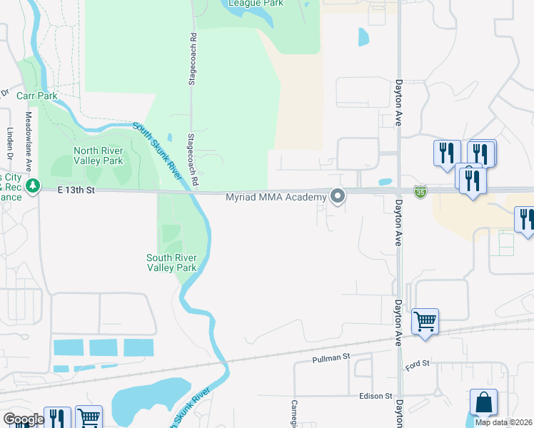 map of restaurants, bars, coffee shops, grocery stores, and more near 1800 East 13th Street in Ames