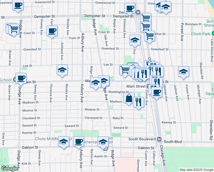 map of restaurants, bars, coffee shops, grocery stores, and more near 1101 Washington Street in Evanston