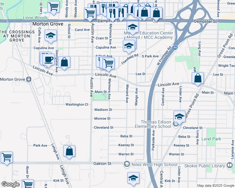 map of restaurants, bars, coffee shops, grocery stores, and more near 5827 Main Street in Morton Grove